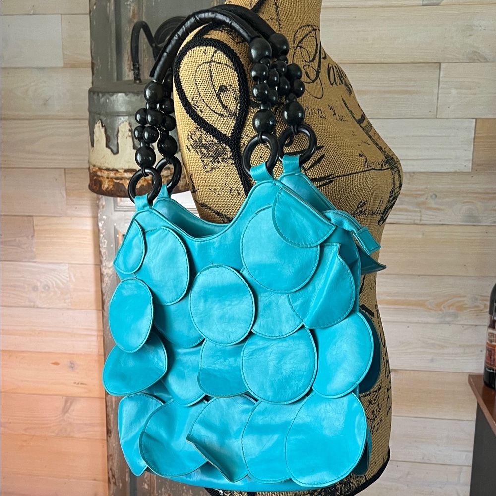 Turquoise Circle-Patch Tote Bag with Beaded Handles